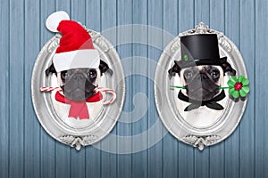 Christmas dog as santa claus and chimney sweeper