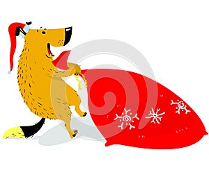 Christmas dog character in santa`s hat. The dog is dragging a sa