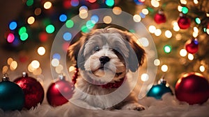 christmas dog with christmas tree A humorous Christmas snapshot of a Havanese puppy dog tangled in colorful string lights,