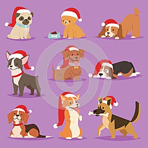 Christmas dog vector cute cartoon puppy characters illustration home pets doggy different Xmas celebrate poses in Santa