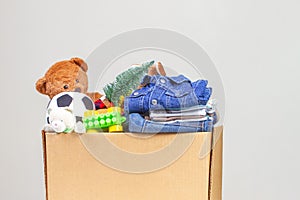 Christmas donation box with toys, books, clothing for charity
