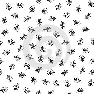 Christmas doodle Christmas tree branches and dots seamless pattern. Black and white linear winter holiday background