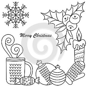Christmas Doodle coloring book for kids. Hand-drawn sketch with warm knitted mittens, Cup of fragrant drink, candy and snowflakes