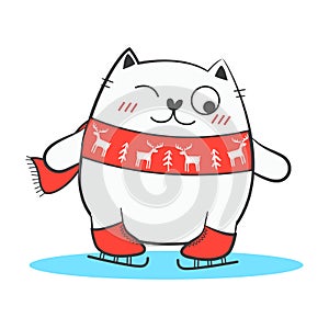 Christmas doodle fat cat. Vector illustration.