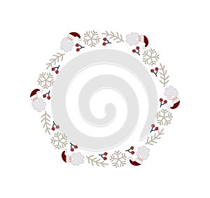 Christmas doodle hand drawn vector frame with snowflake, face santa and branch wreath for text decoration. Cute holiday