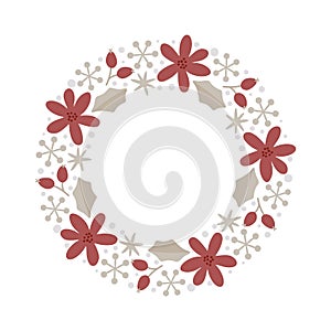 Christmas doodle hand drawn vector wreath floral branch, leaves and snowflakes frame for text decoration. Cute holiday