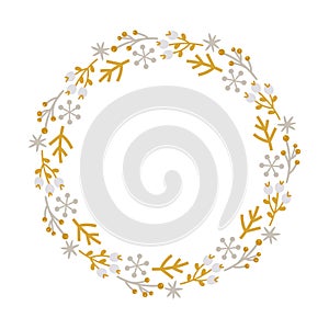 Christmas doodle hand drawn vector wreath floral branch and snowflakes frame for text decoration. Cute holiday