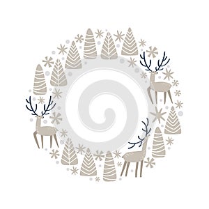 Christmas doodle hand drawn vector wreath snowflakes, fir tree and deer frame for text decoration. Cute holiday