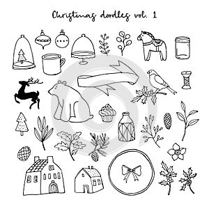 Christmas doodle icons set. Black isolated sketches on white background. Animal, floral, houses and lifestyle vector