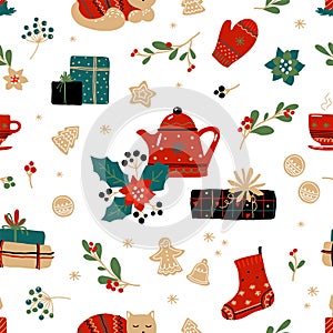 Christmas doodle pattern. Winter holiday home decor, seamless texture. Xmas tree. Wrapping paper, textile and New Year