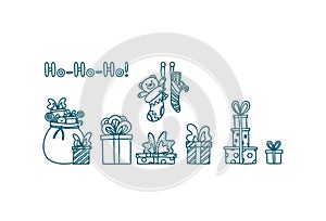 Christmas doodle with presents and toys. Hand drawn sketch with gift boxes. Vector illustration