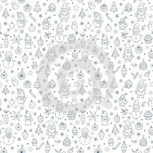 Christmas Doodle Seamless Pattern Santa Claus, Snowmen, Hot Chocolate Festive Holiday