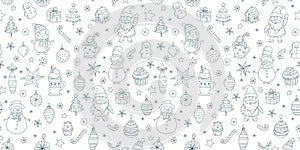 Christmas Doodle Seamless Pattern Santa Claus, Snowmen, Hot Chocolate Festive Holiday