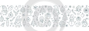 Christmas Doodle Seamless Pattern Santa Claus, Snowmen, Hot Chocolate Festive Holiday