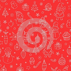 Christmas Doodle Seamless Pattern Santa Claus, Snowmen, Hot Chocolate Festive Holiday