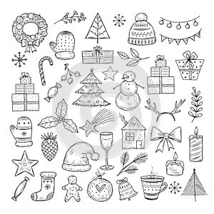 Christmas doodle set. Sketch christmas wreath, fir-tree and snowman, candles. Candies, santa hat and gift boxes vector