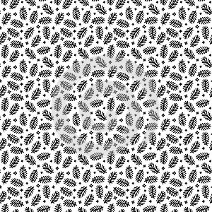 Christmas doodle stars and Christmas tree branches seamless pattern. Black and white winter holiday texture background