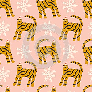 Christmas doodle tigers cats childish cartoon doodles boho naive funky handdrawn style art seamless pattern vector