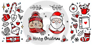 Christmas doodles elements. Cute hand drawn set of icons with Santa, bear, stars, mitten, sock etc.