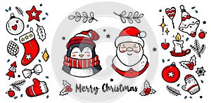 Christmas doodles elements. Cute hand drawn set of icons with Santa, penguin, stars, mitten, sock etc.