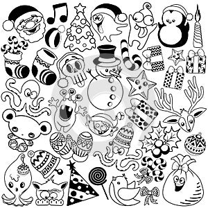 Christmas Doodles Funny and Cute Black and White Vector Characters isolated pack of 37