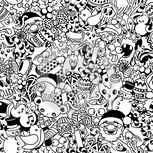 Christmas Doodles Funny and Cute Black and White Vector Seamless Pattern Design