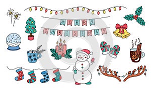 Christmas doodles vector set. Hand drawn colorful holiday elements isolated on white background. Christmas outline design objects