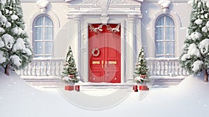 Christmas door decoration. Entrance to suburban house decorated with wreath, bells, garland lights