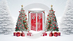 Christmas door decoration. Entrance to suburban house decorated with wreath, bells, garland lights