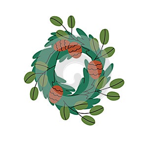 Christmas door wreath design, winter holiday decoration. Round decor from fir tree branches, leaf, pine cones
