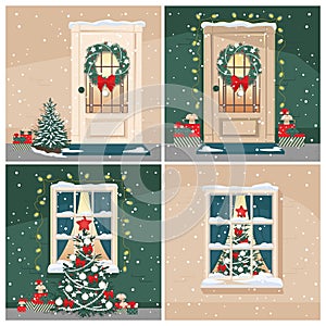 Christmas doors and windows with fir tree and Christmas decorations