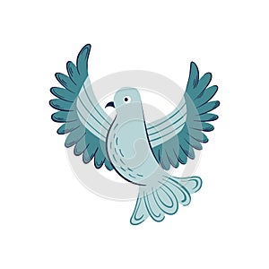 Christmas dove illustration. Blue flying pigeon hand drawn vector