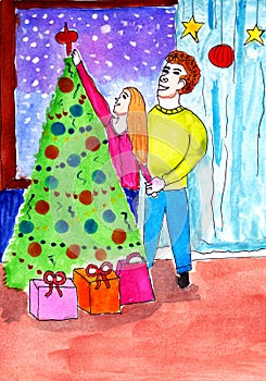 Christmas drawing in watercolor by hand on paper. Family happy couple decorates the Christmas tree in the room