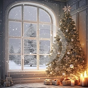 Christmas Dreamy romantic white room with fireplace, elegant , white and gold