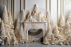 Christmas Dreamy romantic white room with fireplace, elegant , white and gold
