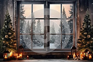 Christmas Dreamy rustic white wood window , tematic Christmas