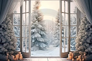 Christmas Dreamy rustic white wood window , tematic Christmas