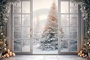 Christmas Dreamy rustic white wood window , tematic Christmas photo