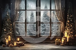 Christmas Dreamy window with wonderfull view, starry night, anniversary tematic