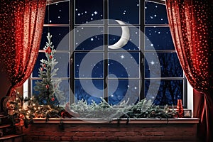 Christmas Dreamy window with wonderfull view, starry night, anniversary tematic