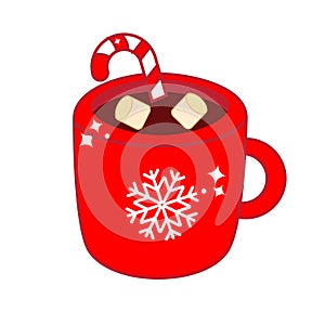 Christmas drink in cozy mug. Cup of hot cocoa with candy cane and marshmallow for New Year menu and other design