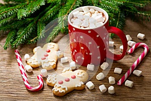 Christmas drink. Cup of hot chocolate with marshmallows and gingerbread cookies