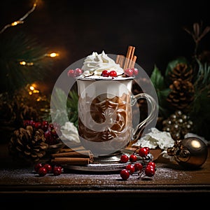 A Christmas drink in a glass cup with cinnamon sticks and red berries