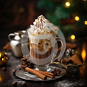 A Christmas drink in a glass cup with cinnamon sticks and star anise