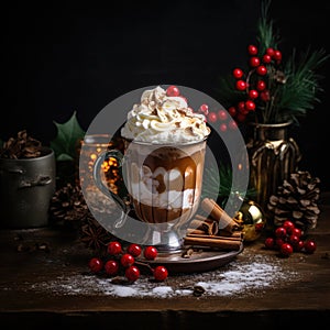 A Christmas drink in a glass cup with red berries for decoration