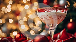 Christmas drink in a glass with a red sugar rim, set against a backdrop of a Christmas tree and presents