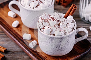 Christmas drink. Hot chocolate with marshmallows and cinnamon on dark wooden background.