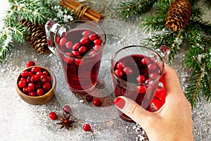 Christmas drinks. Female hand holding of Hot winter drink with cranberries and cinnamon
