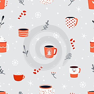 Christmas drinks seamless pattern. Hot chocolate, cute mugs cappuccino and coffee. Cozy winter holidays beverages snugly