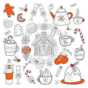 Christmas drinks and sweets doodle set. Holiday food hand drawn outline vector illustration